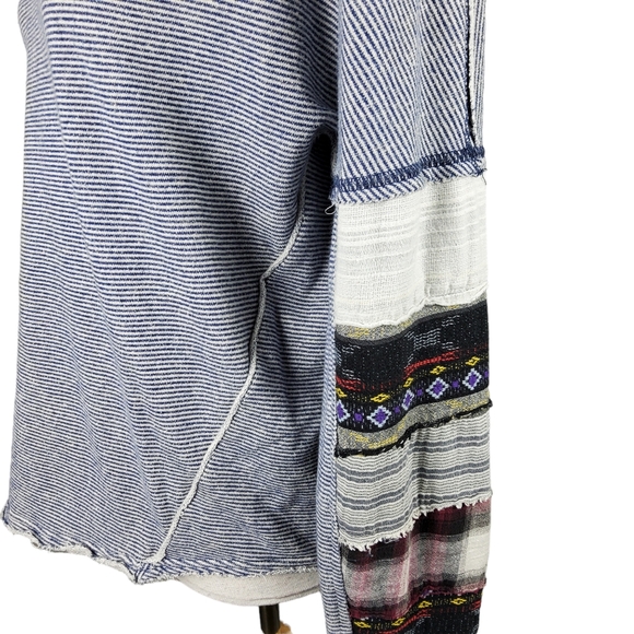 We the Free Striped Oversized Raw Edge Patchwork Sweatshirt Blue Size Small - Picture 4 of 8